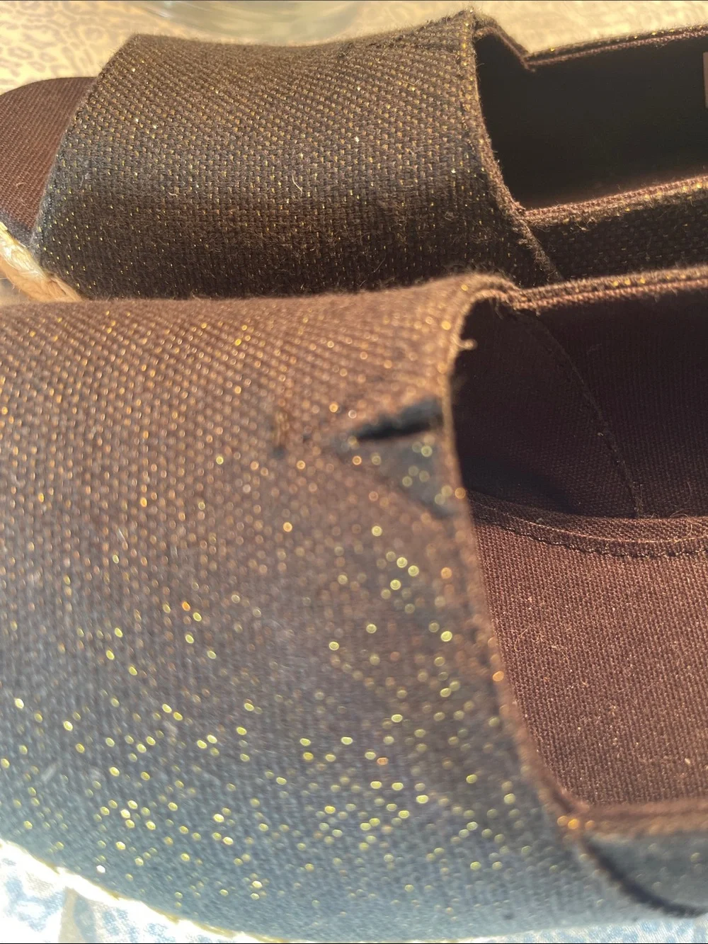 TOMS Michelle Black/Gold Sparkle Espadrille Wedge Peep-Toe New size 9.5